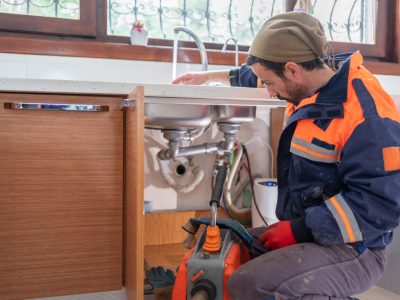 Plumber Unclogging A Kitchen Sink Drain