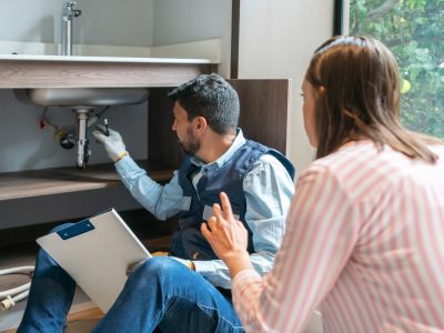 Plumber Explaining To A Client The Problem With Her Kitchen Sink