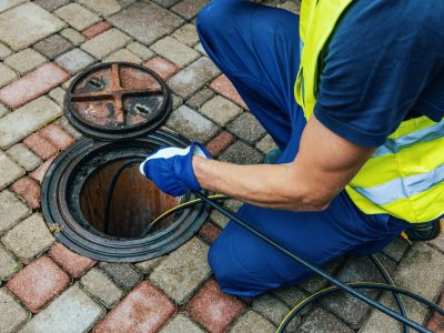 Service Worker Cleaning Blocked Sewer Line With Hydro Jetting